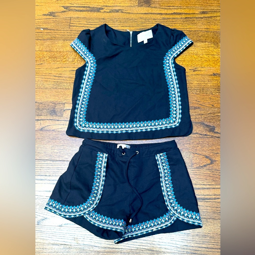 Joa embroidered 2 piece shorts set Blue top XS Bottoms S